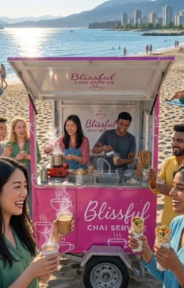 Blissful Chai Service cart serving chai and samosas on Vancouver beach
